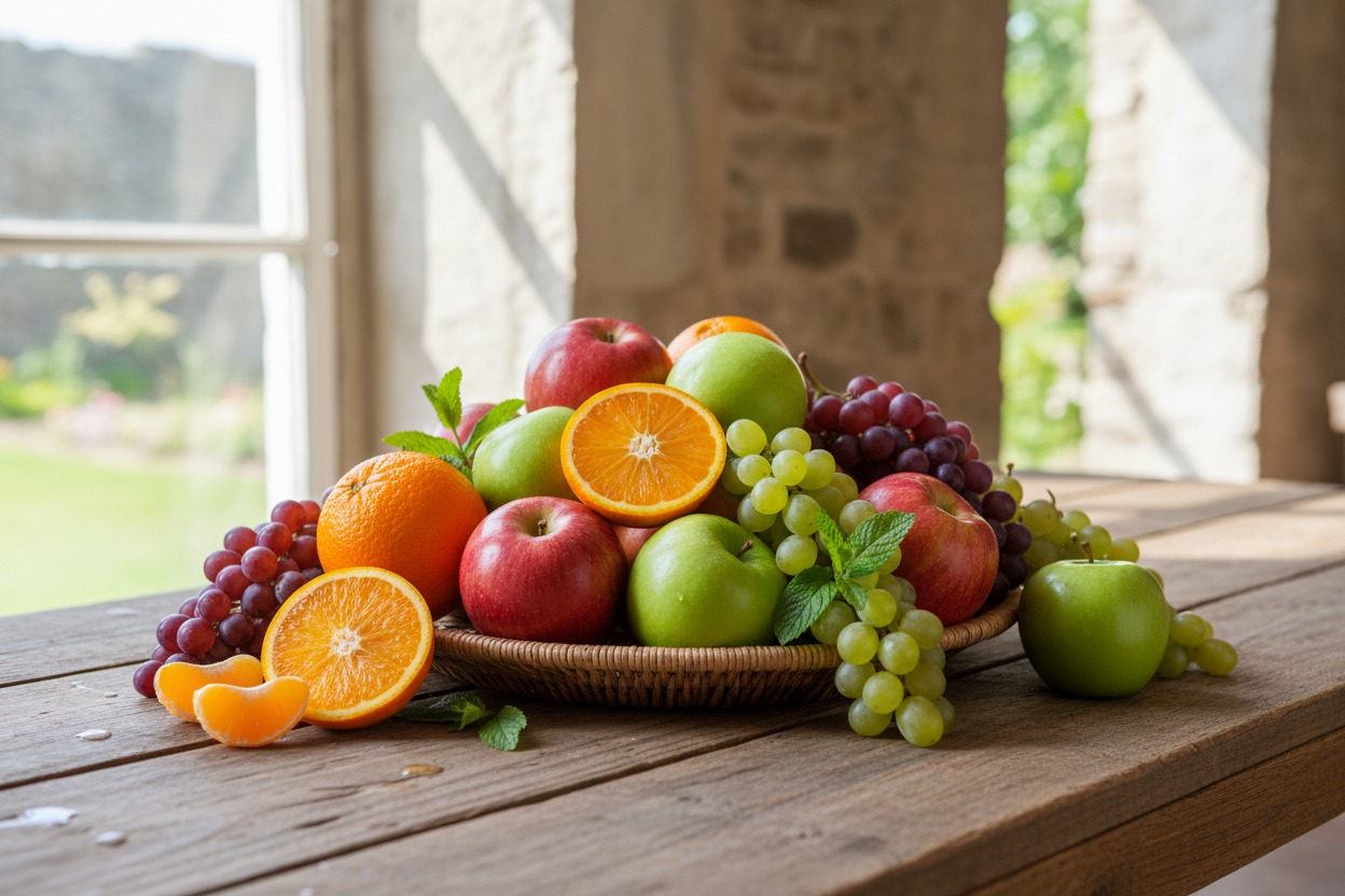 A woven bowl piled high with fresh apples, oranges, and grapes sits on a rustic wooden table near a sunny window.